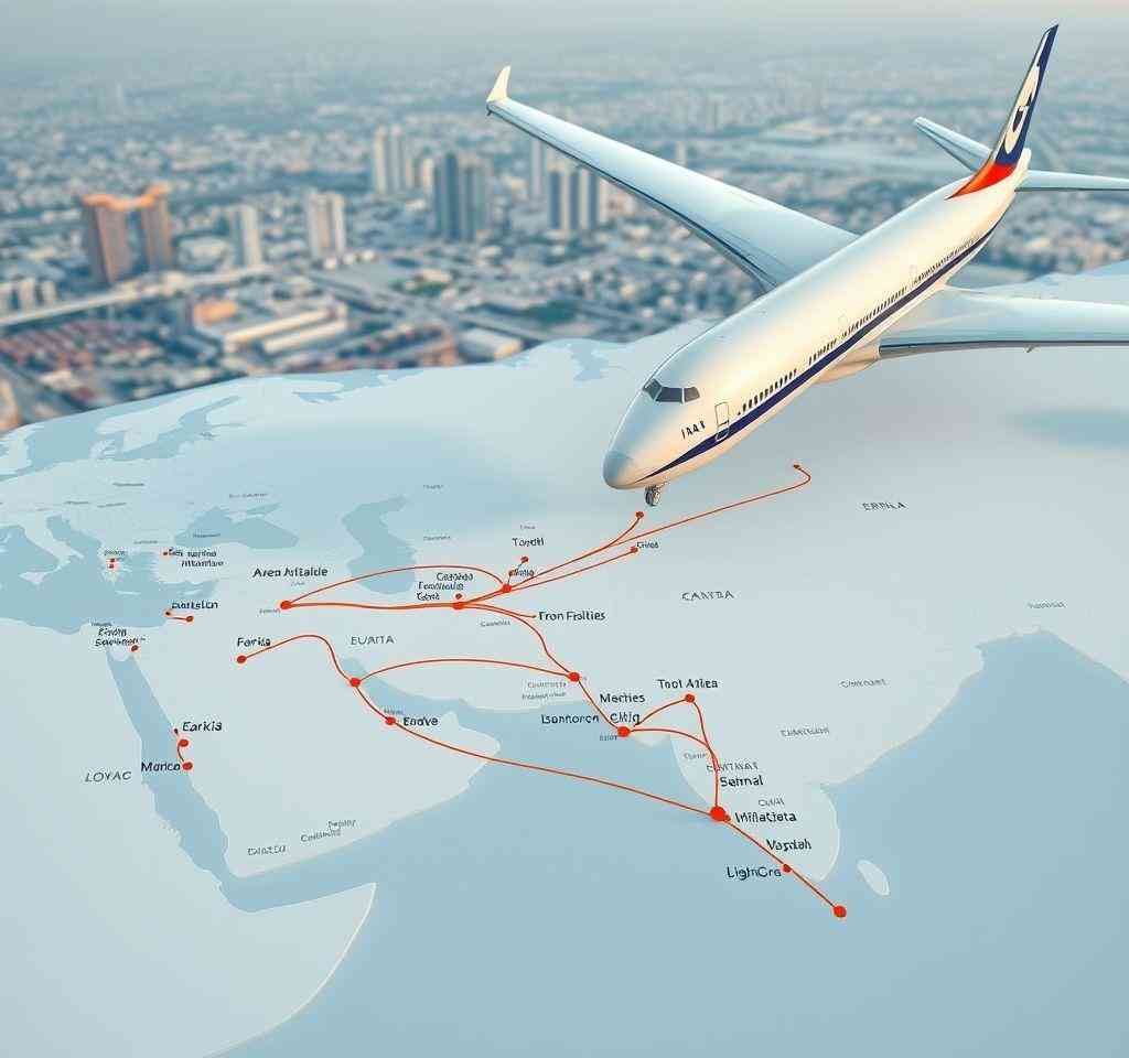 Map illustrating international air cargo shipping routes from Erbil connecting the world