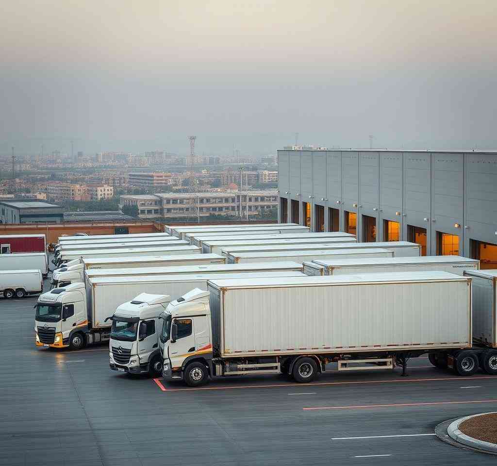 Warehouse with trucks, illustrating integrated logistics and Road Freight Erbil considerations.