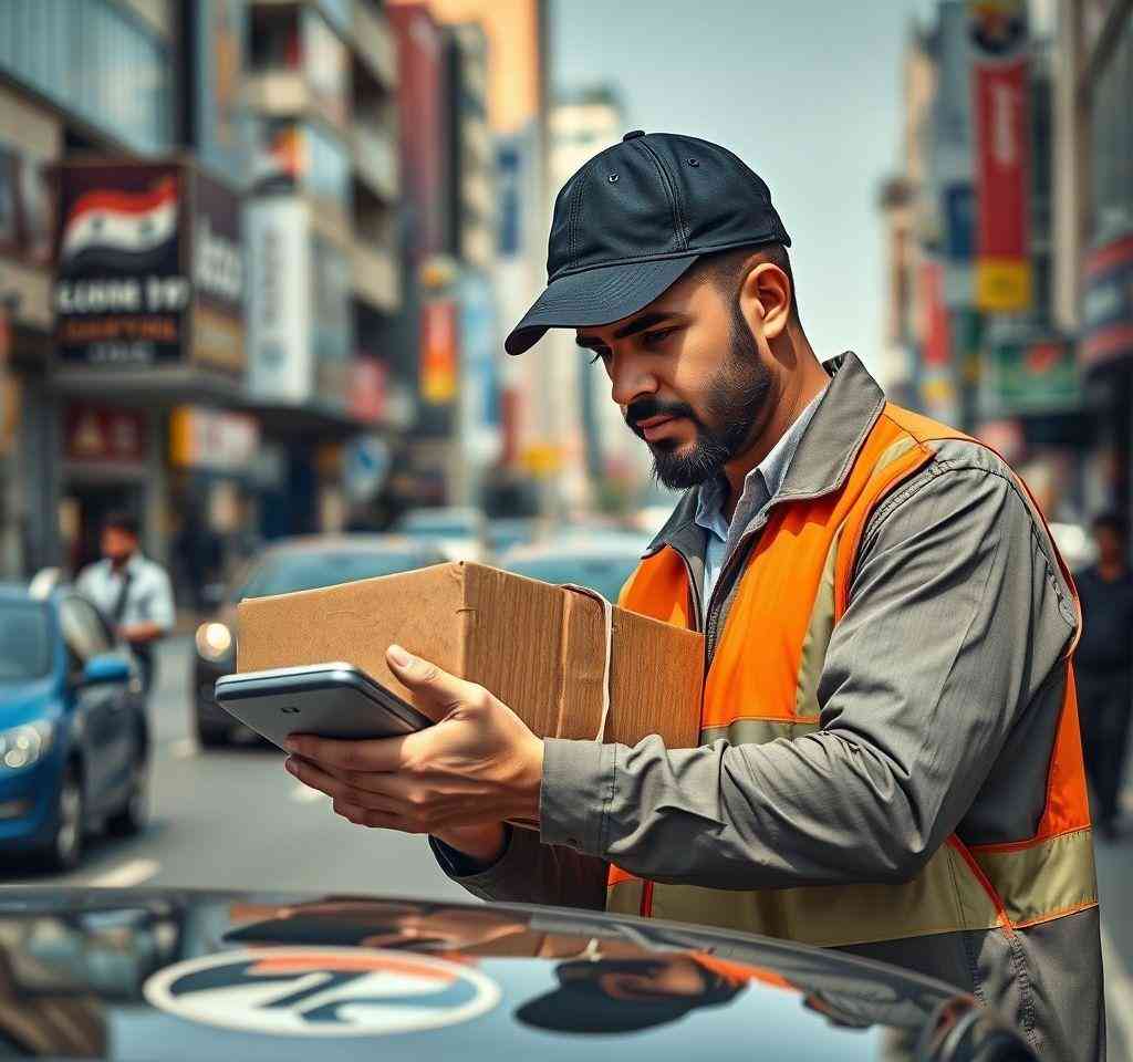 A professional courier using a mobile scanning device during an e-commerce delivery in Iraq, demonstrating efficient shipping solutions for online businesses.