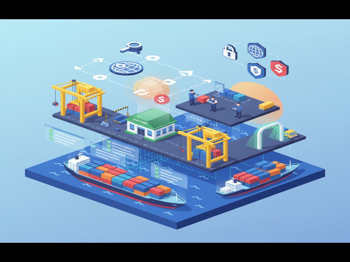 Workers managing international cargo insurance services shipments at Iraq customs clearance facility