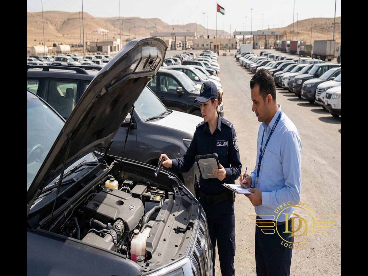 مفتش وموظف لوجستي يفحصان سيارة دفع رباعي حديثة في ساحة مفتوحة، ويمسك أحدهما جهازاً لوحياً وبجانبه سيارات مصطفة.