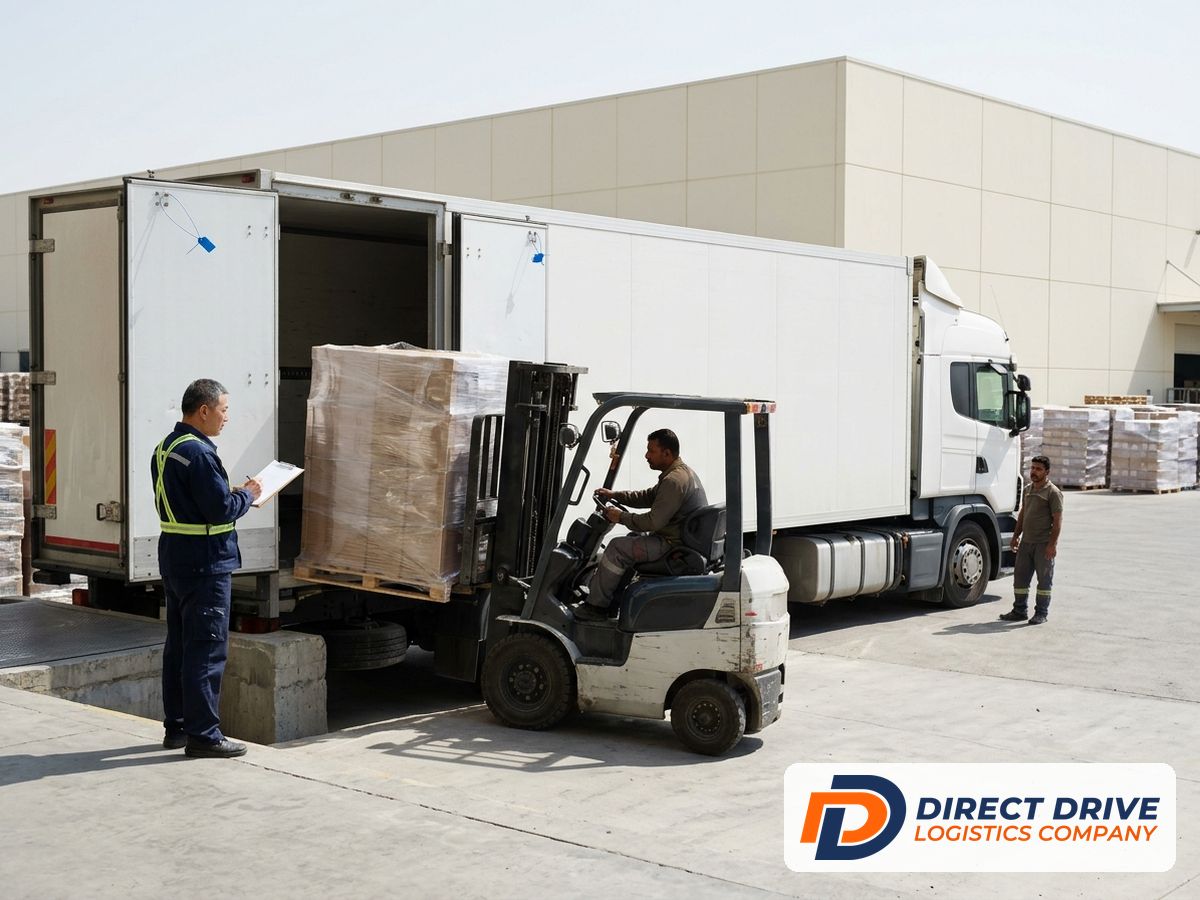 Two workers watch a forklift load a wrapped pallet into a white trailer at a bay.