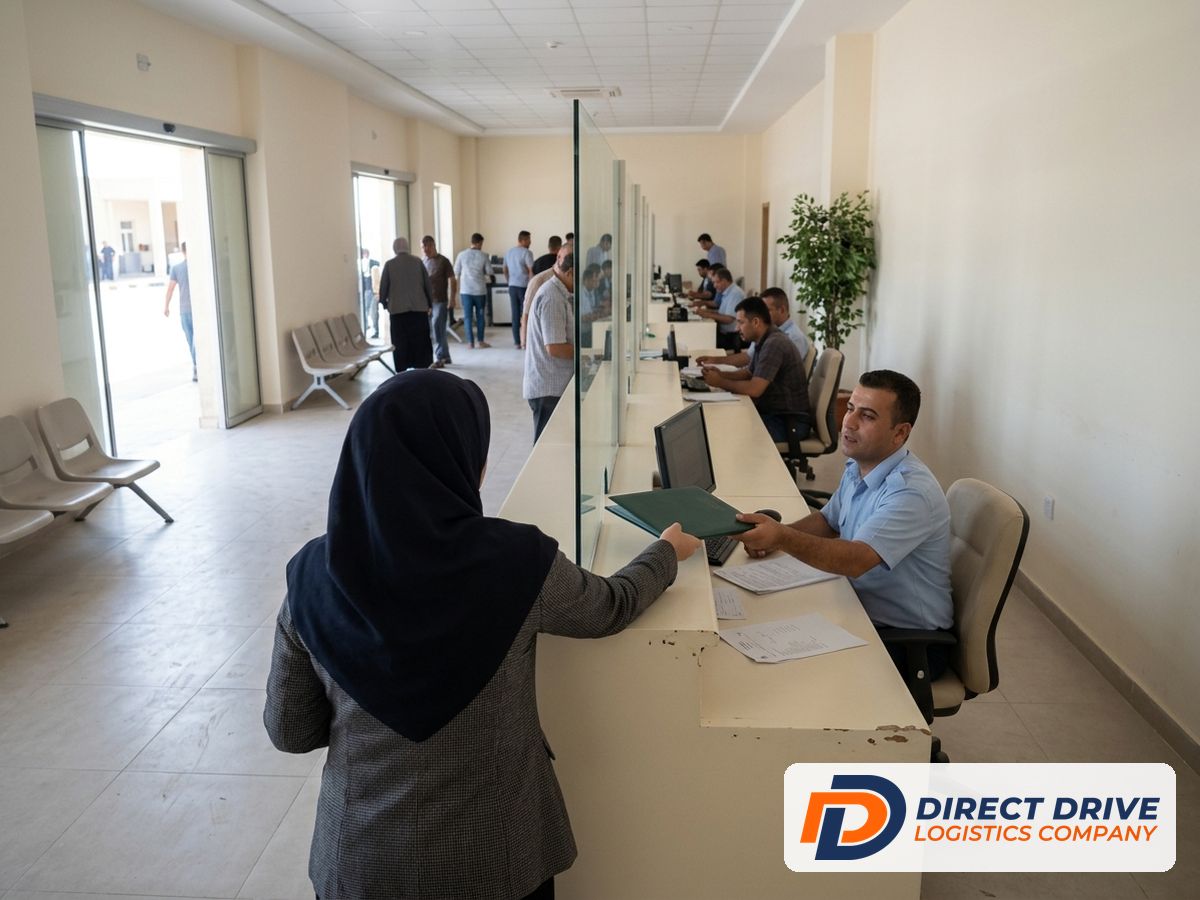 وكيل من الخلف يسلّم ملفاً إلى موظف كمارك خلف نافذة الخدمة