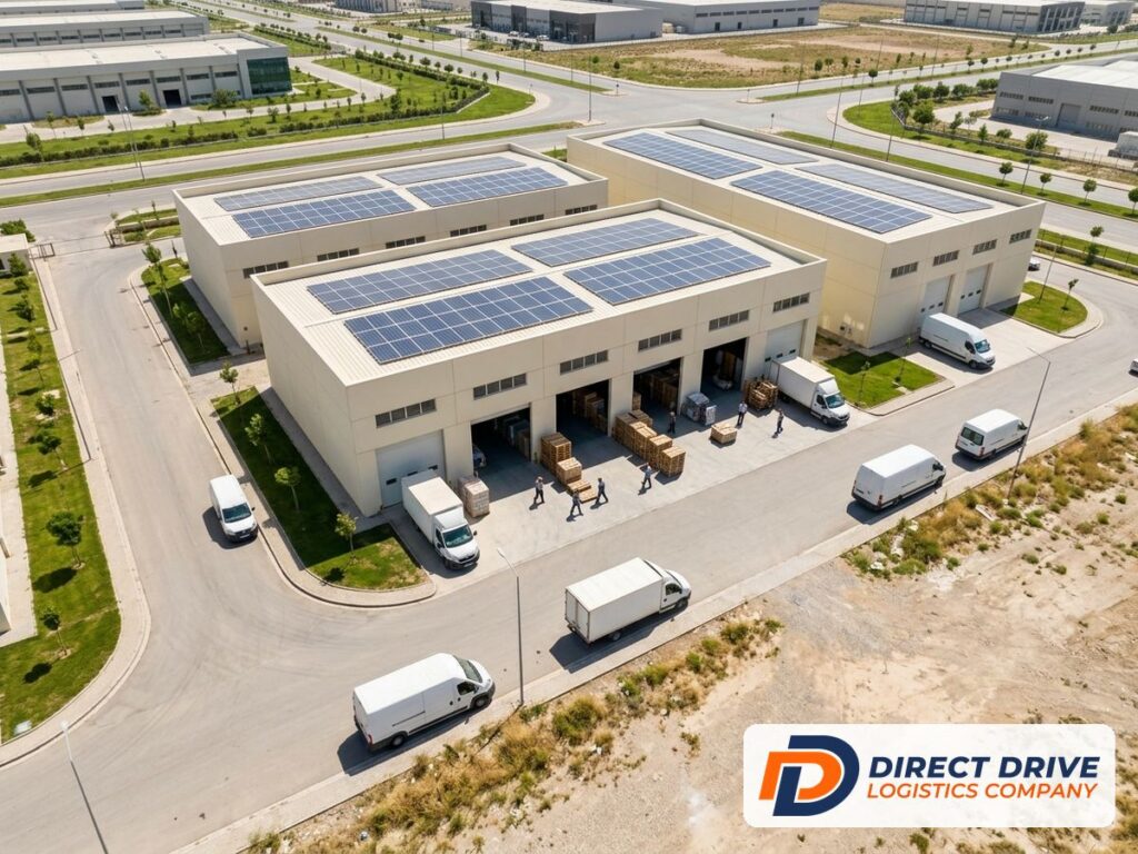 Angled aerial view of three cream warehouse units with solar panels on their flat roofs.