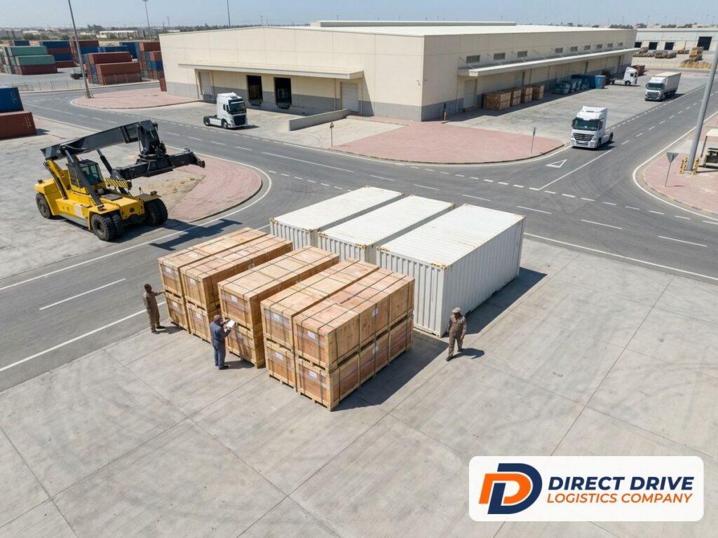 Aerial view of wrapped machinery crates and white containers staged in a tidy freight yard