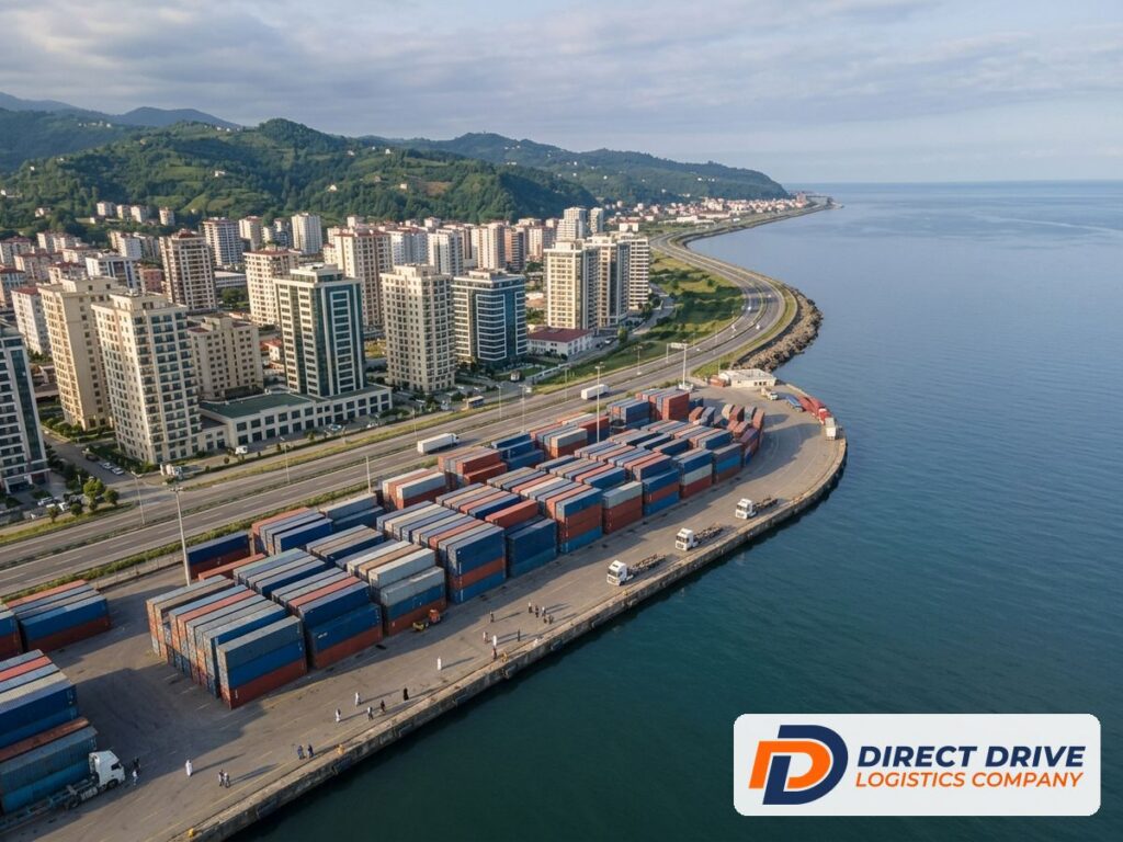 Aerial view of a modern coastal port city with a container quay and highway