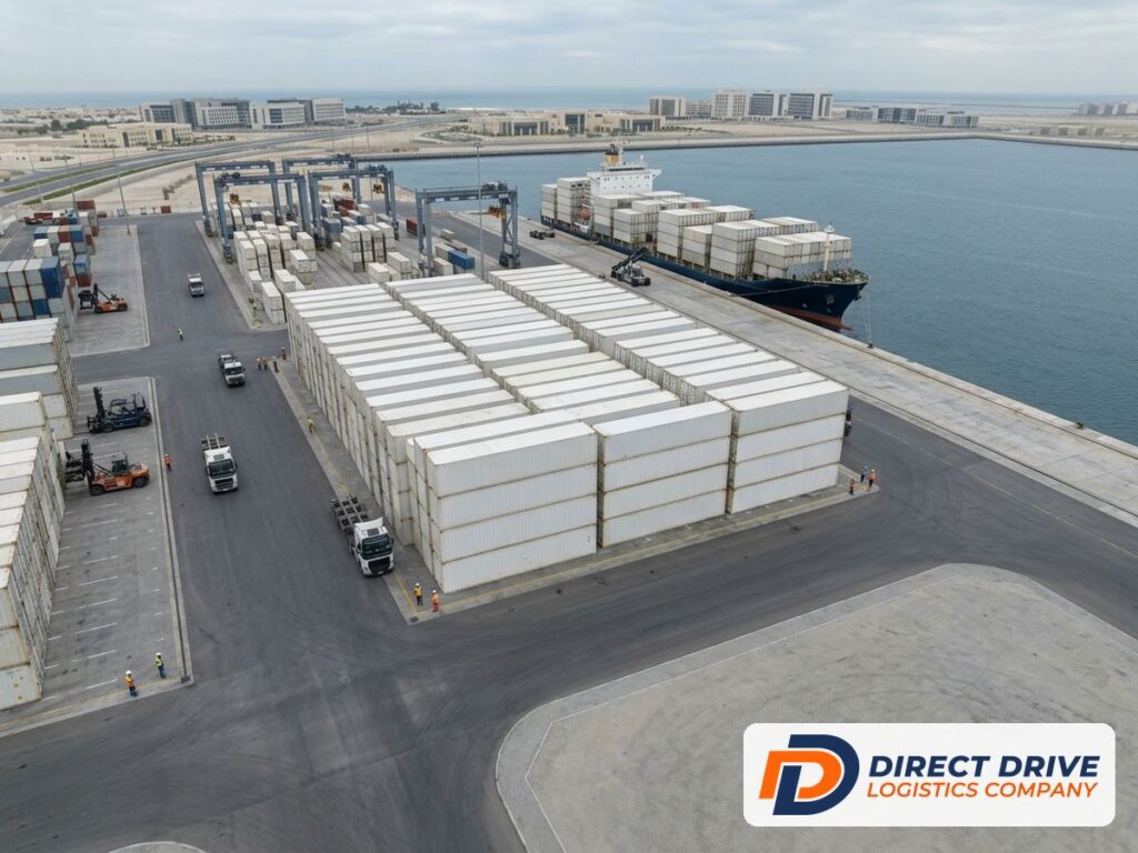 Aerial view of a modern container port with stacked containers beside a berthed ship