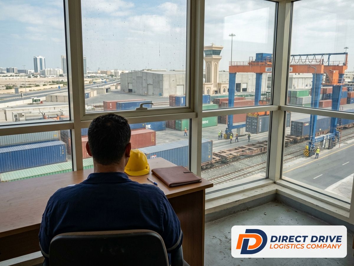 A coordinator seen from behind looks out at containers being loaded onto rail wagons.