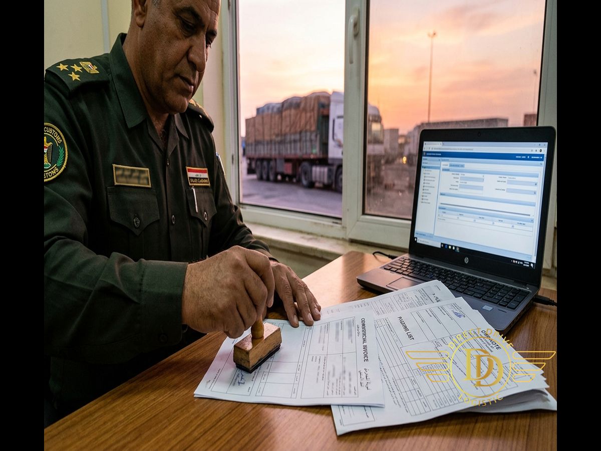Customs officer in uniform stamps shipping papers at a counter, with a truck visible through the office window.