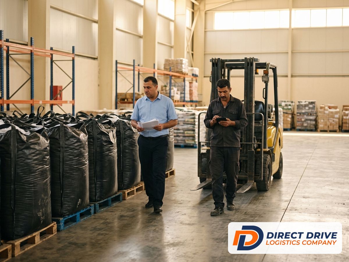 An officer walks past pallets of black jumbo bags in a bright shed.