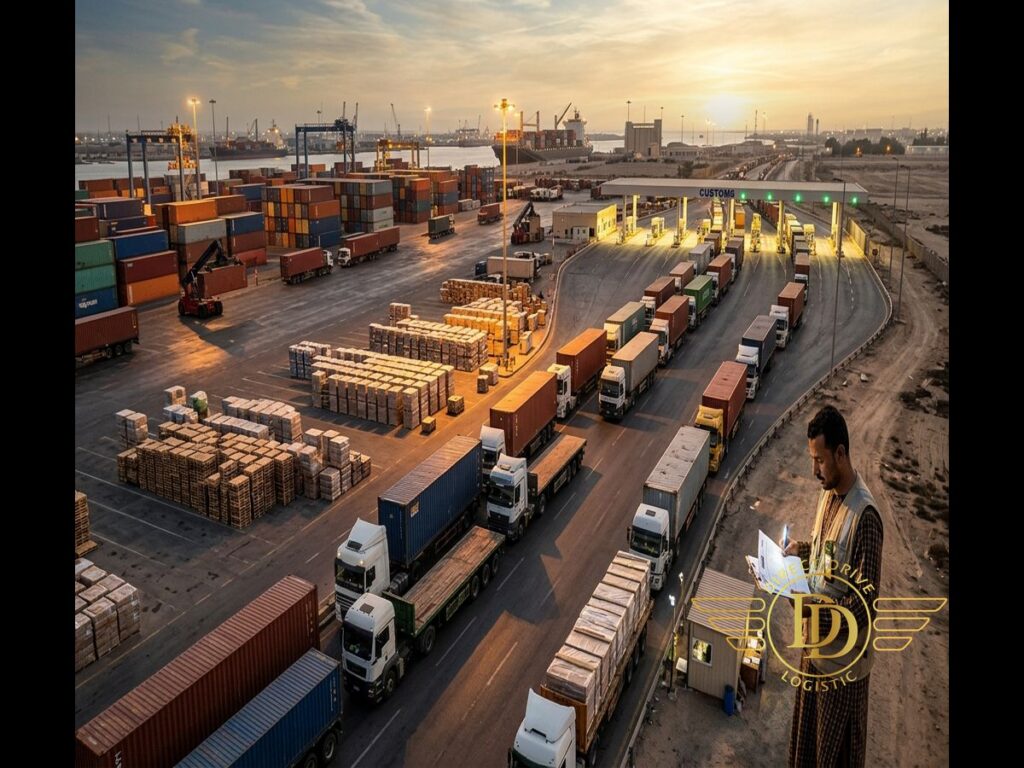 Trucks loaded with cargo queue at a customs gate near a port while a manager checks an invoice, as in shipping from turkey