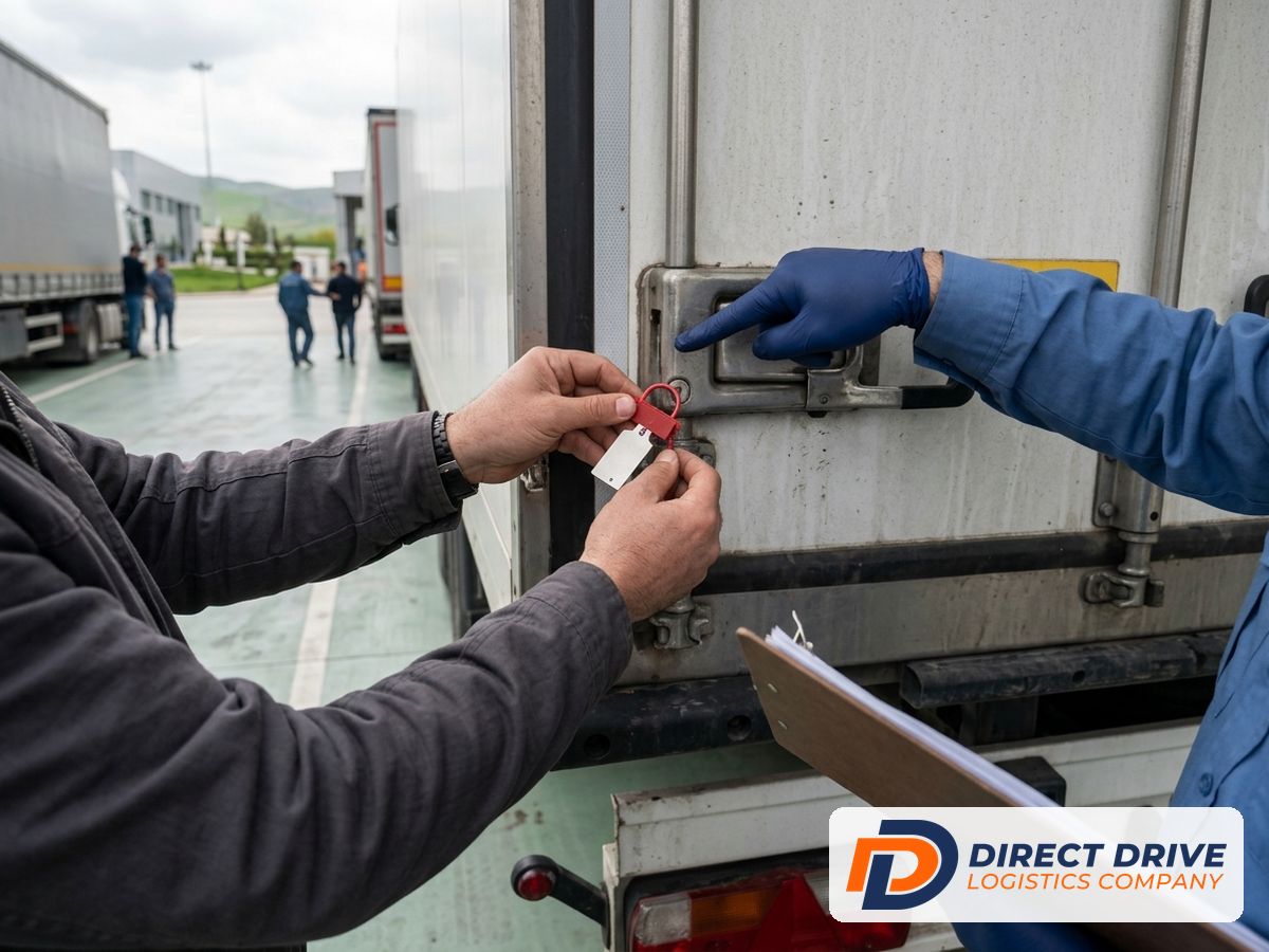 Hands securing a small bolt seal on a trailer door latch