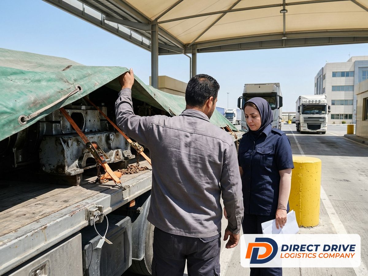 راننده از پشت سر پوشش بار را کنار می‌زند تا مأمور ببیند