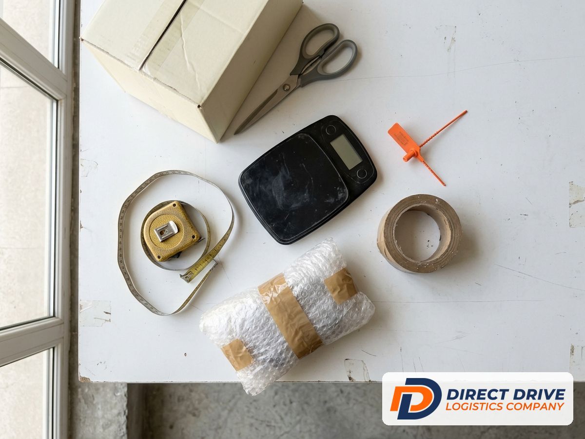 Top-down view of a scale, tape measure, wrapped item and packing tape