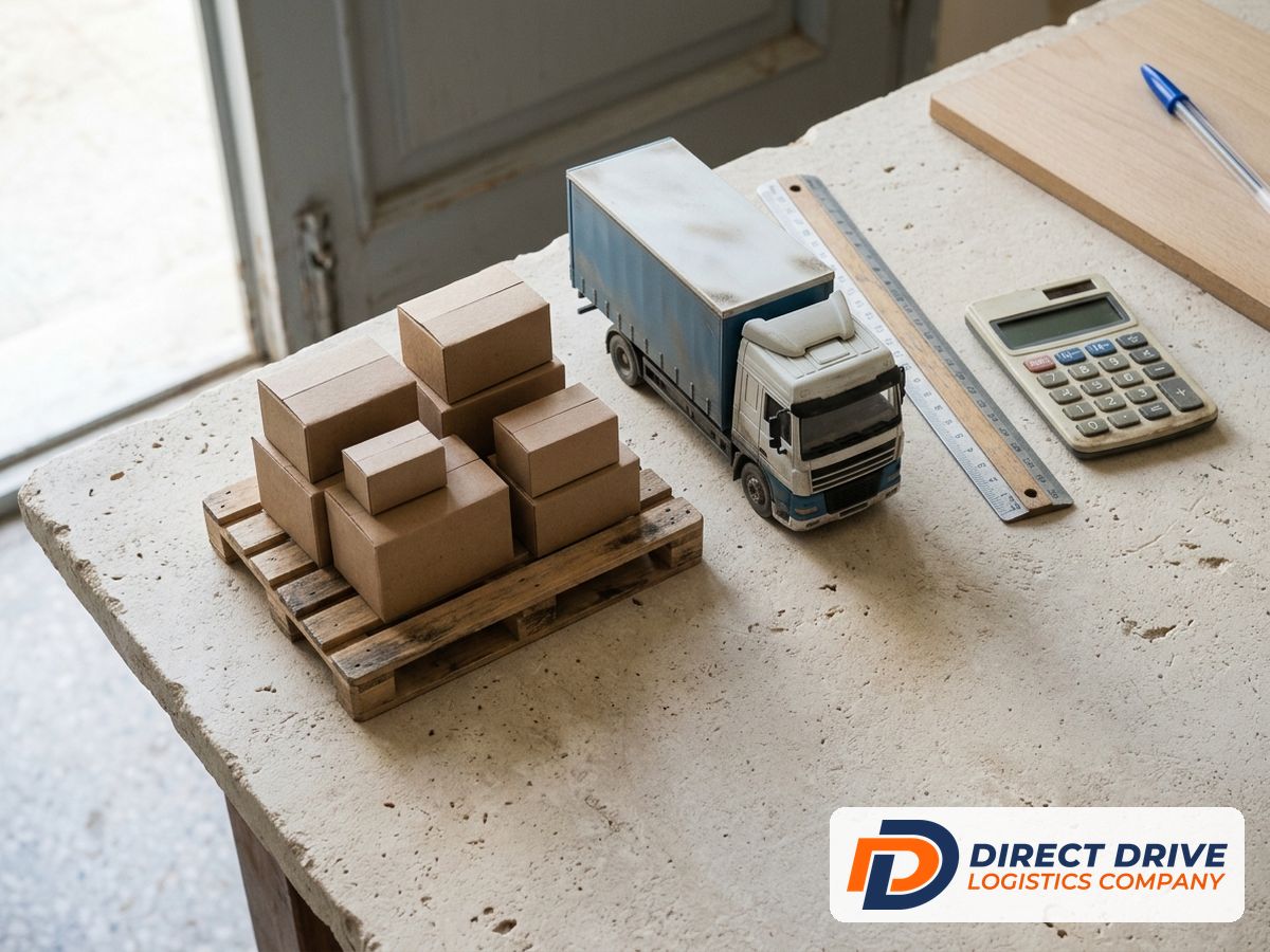 Top-down view of a miniature pallet, model truck, ruler and pen on a table.