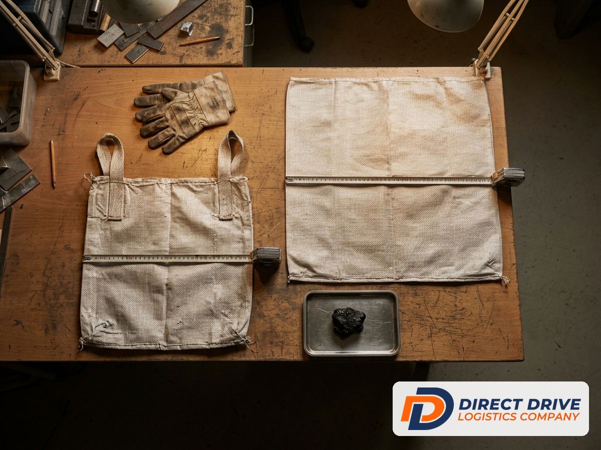 Two woven bulk bags of different sizes laid flat beside a tape measure and a bitumen sample.