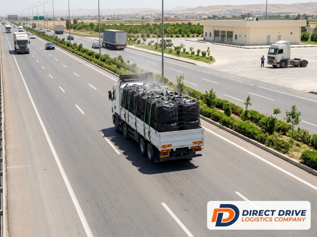 A truck loaded with black jumbo bags drives along a bright modern highway.