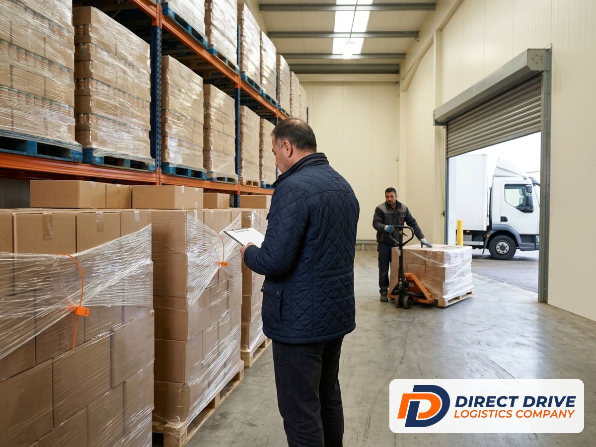 A person seen from behind checks wrapped pallets of food cartons in a bright hall