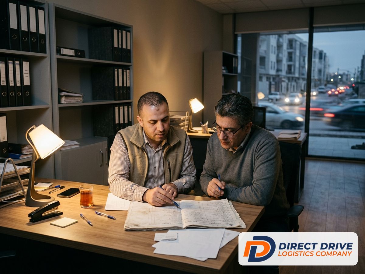 Two colleagues review a route sheet under warm desk lamps in a dim office