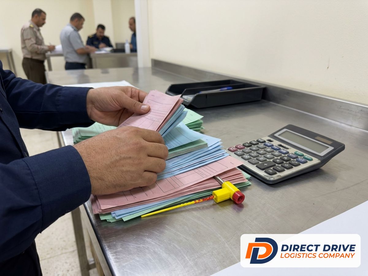 Hands sort payment slips beside a calculator on a clean office counter