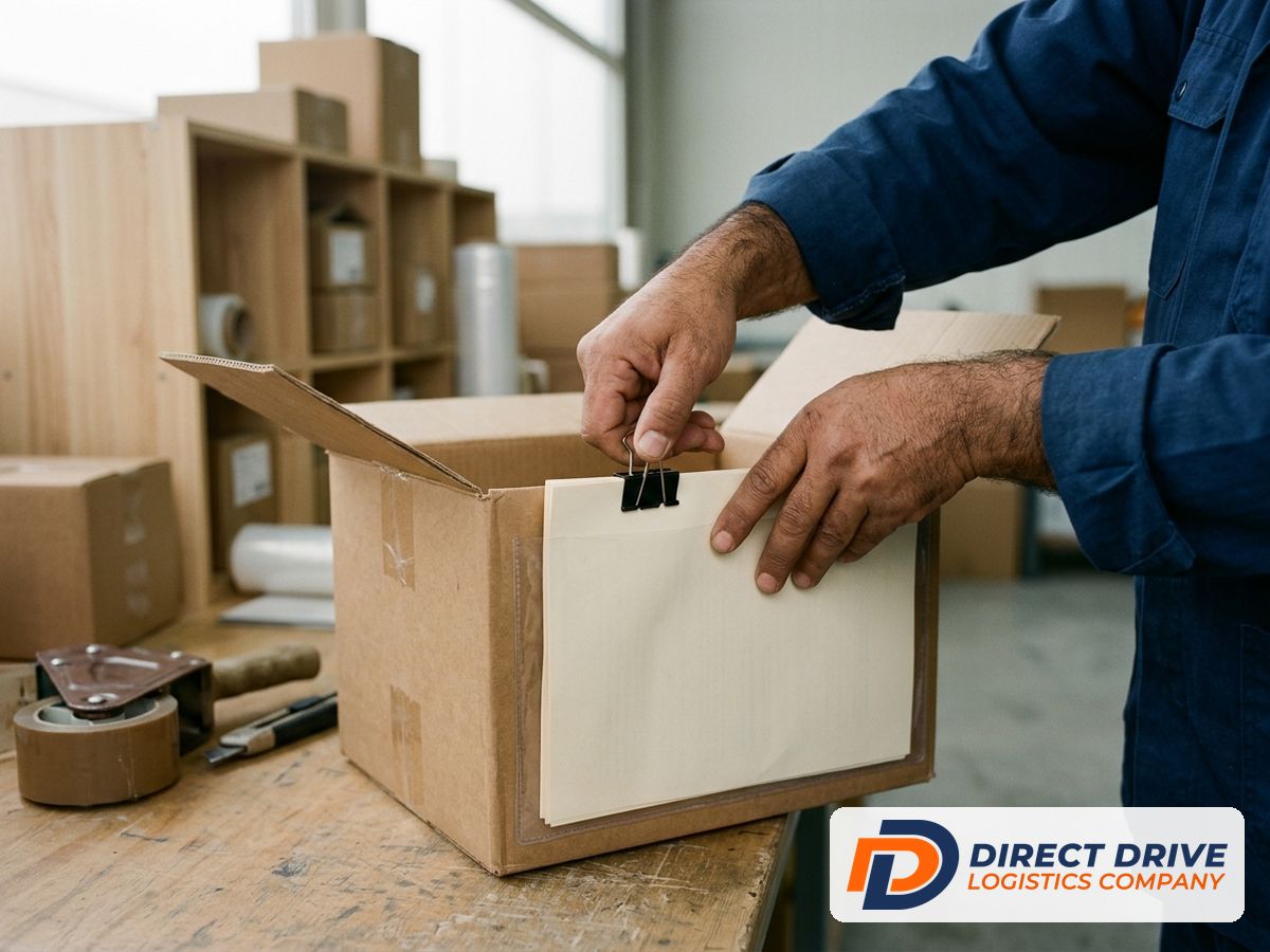 Hands tucking a clipped bundle of blank papers into a carton pouch