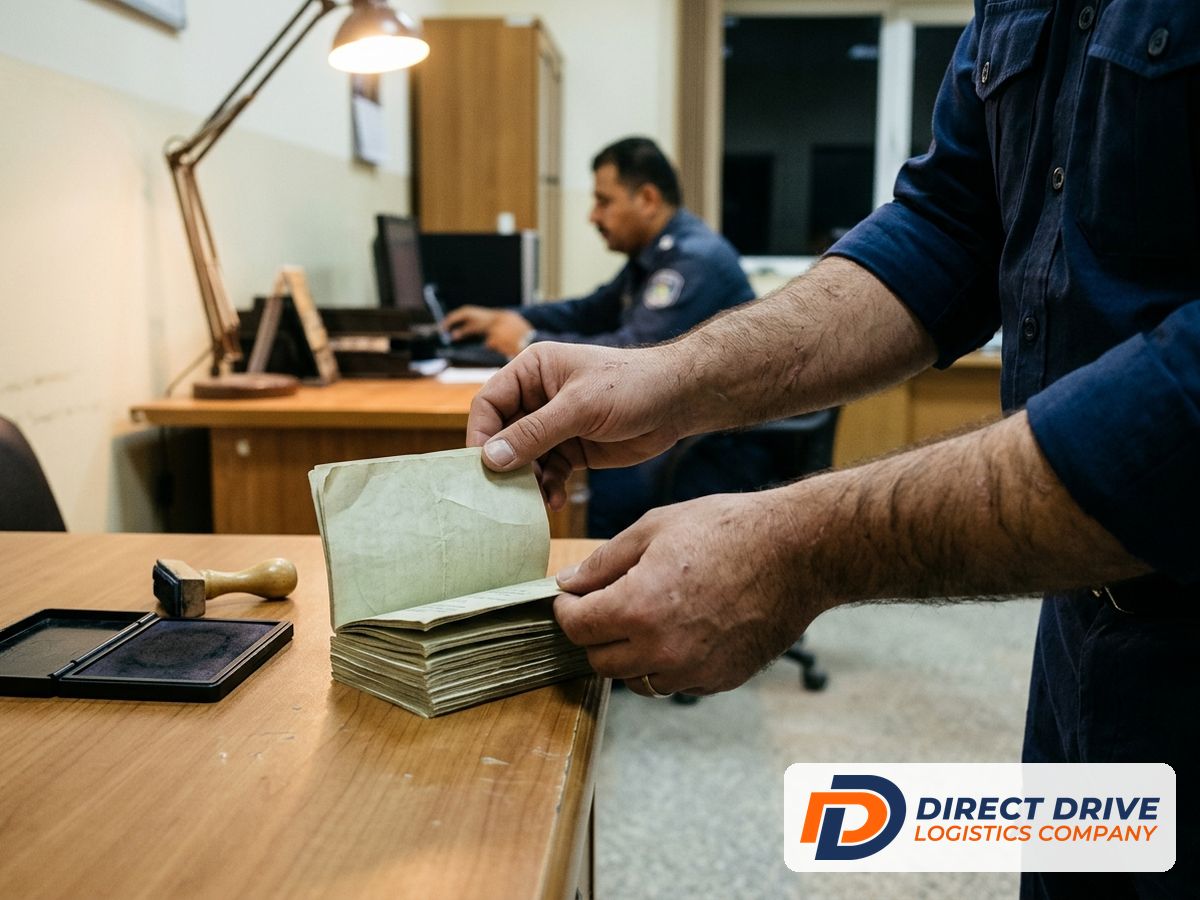 An officer's hands rest on transit booklets beside a stamp pad under a desk lamp.