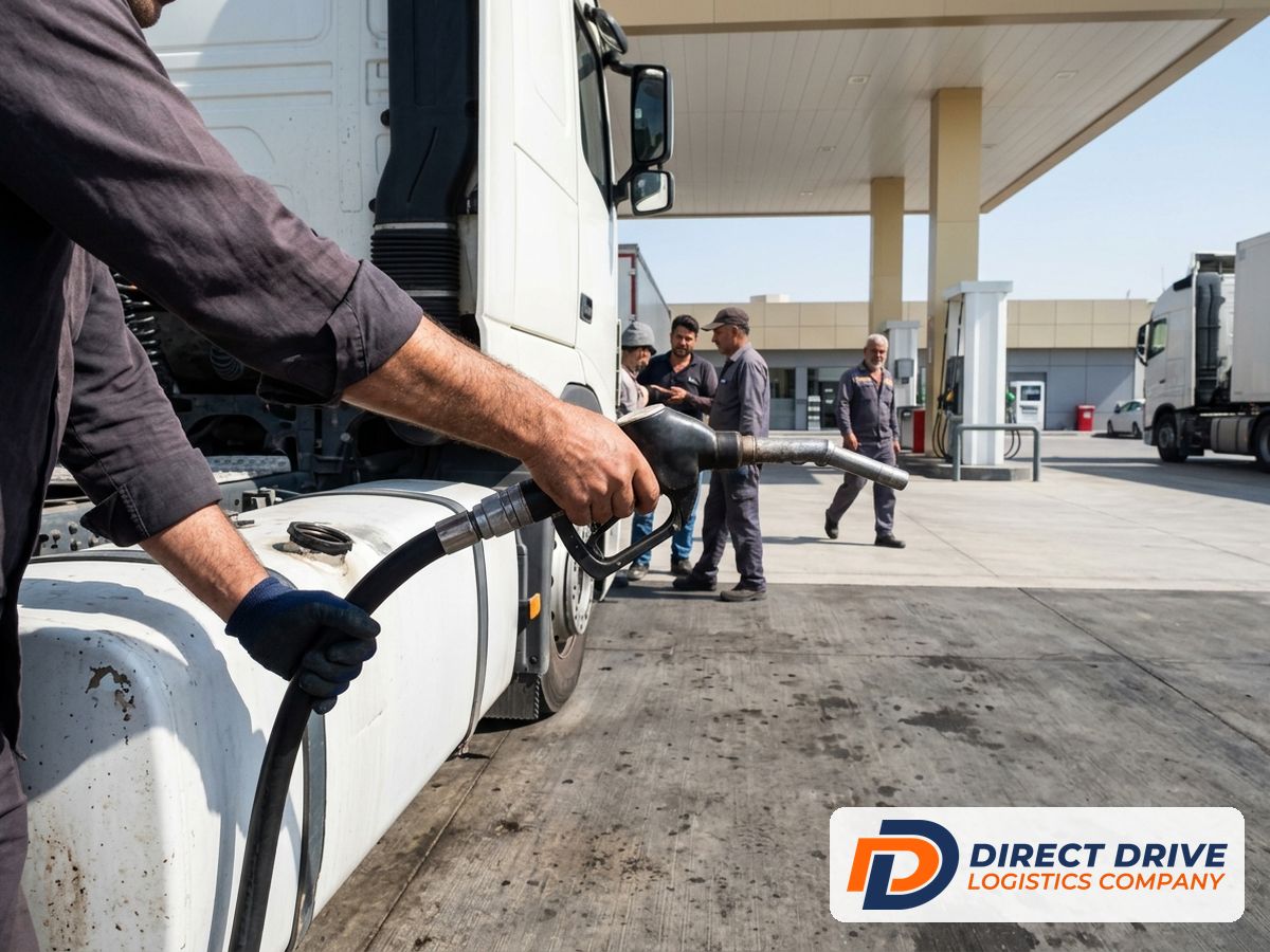Hands holding a fuel nozzle at a white truck's tank under bright midday sun