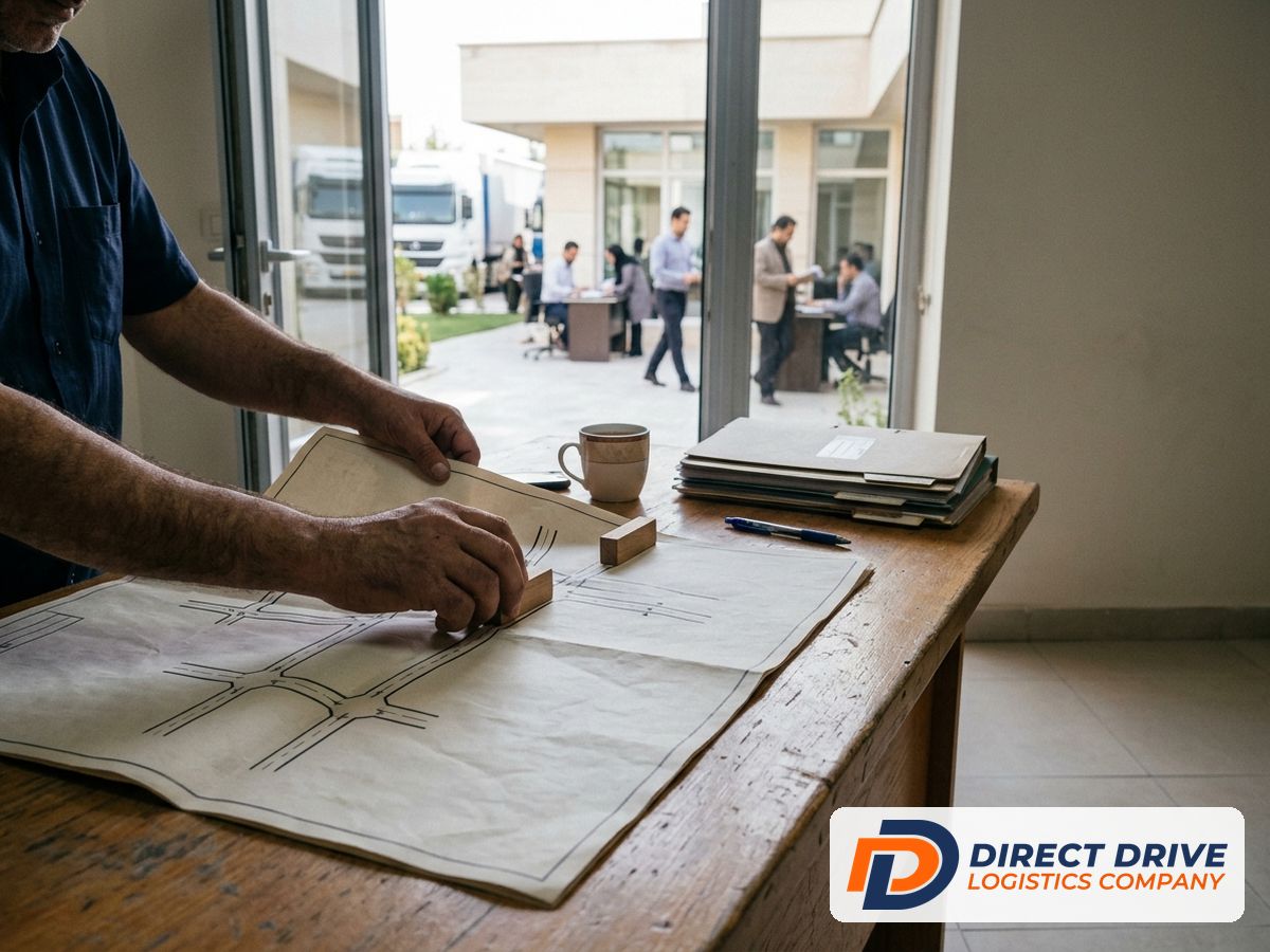 Hands smoothing a large blank route sheet on a wooden desk beside a pen and tea glass