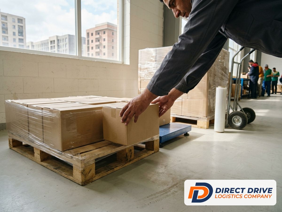 Hands place a small carton next to a larger wrapped pallet