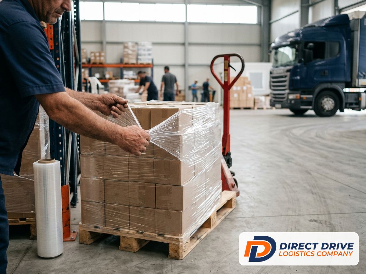 Hands wrap stretch film tightly around a small stack of cartons.