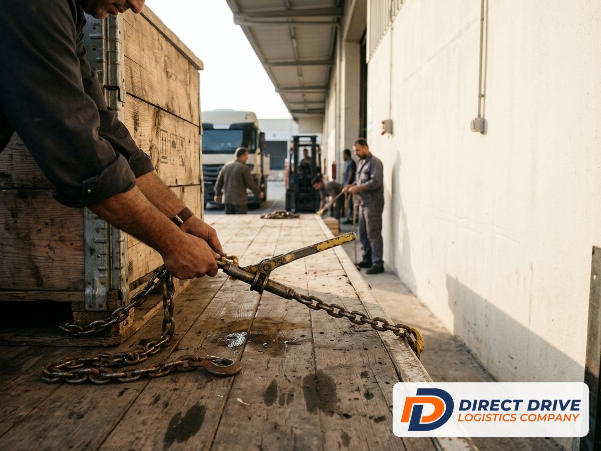 دست‌ها زنجیر را روی جعبهٔ چوبی سنگین روی کامیون باربندی می‌کنند