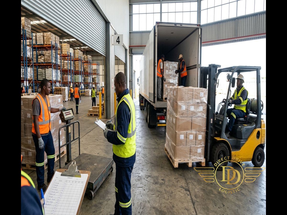 Warehouse workers load wrapped pallets onto a truck trailer with a forklift while a worker checks a clipboard nearby.