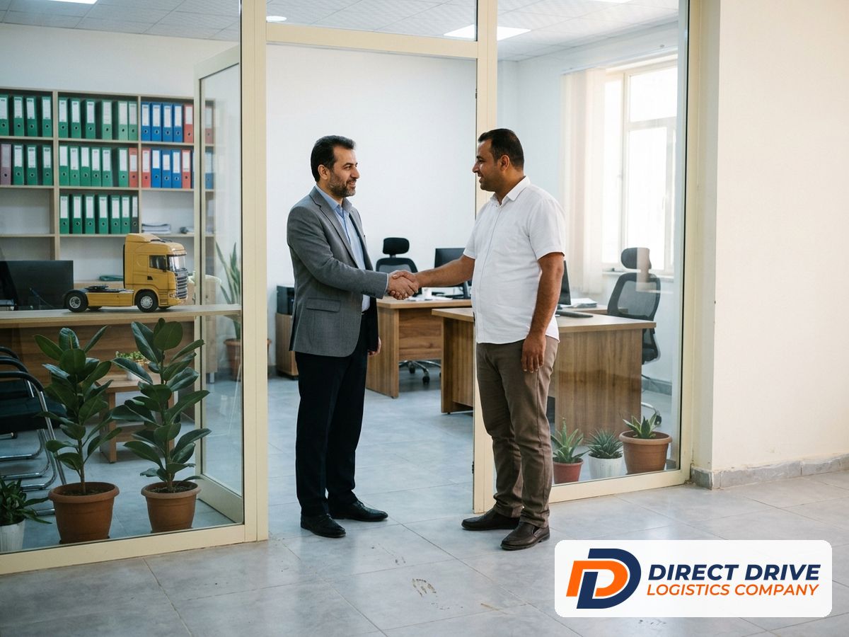 دو همکار ایرانی و عراقی در ورودی دفتری روشن دست می‌دهند