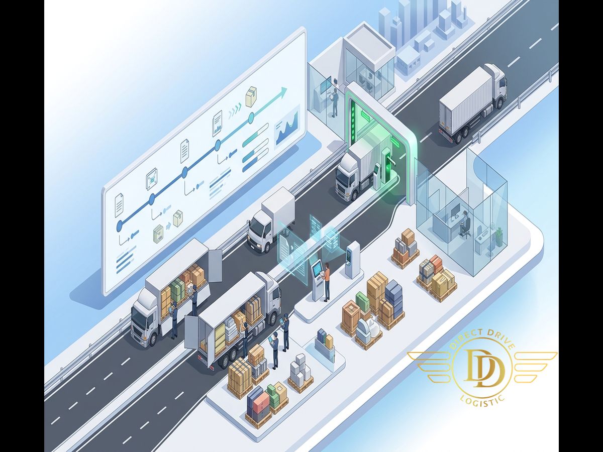 شاحنات شحن على أربعة مسارات متوازية قرب بوابات تفتيش، مع منصات بضائع ولوحة زمنية رقمية في مشهد ثلاثي الأبعاد.