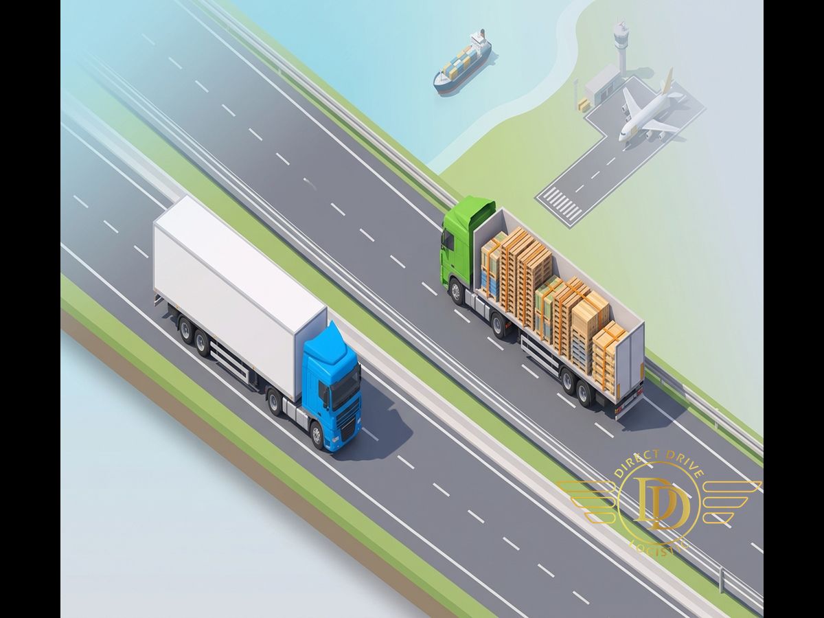 Isometric illustration of two trucks on parallel roads, one full trailer and one with pallets, with a ship and plane behind.