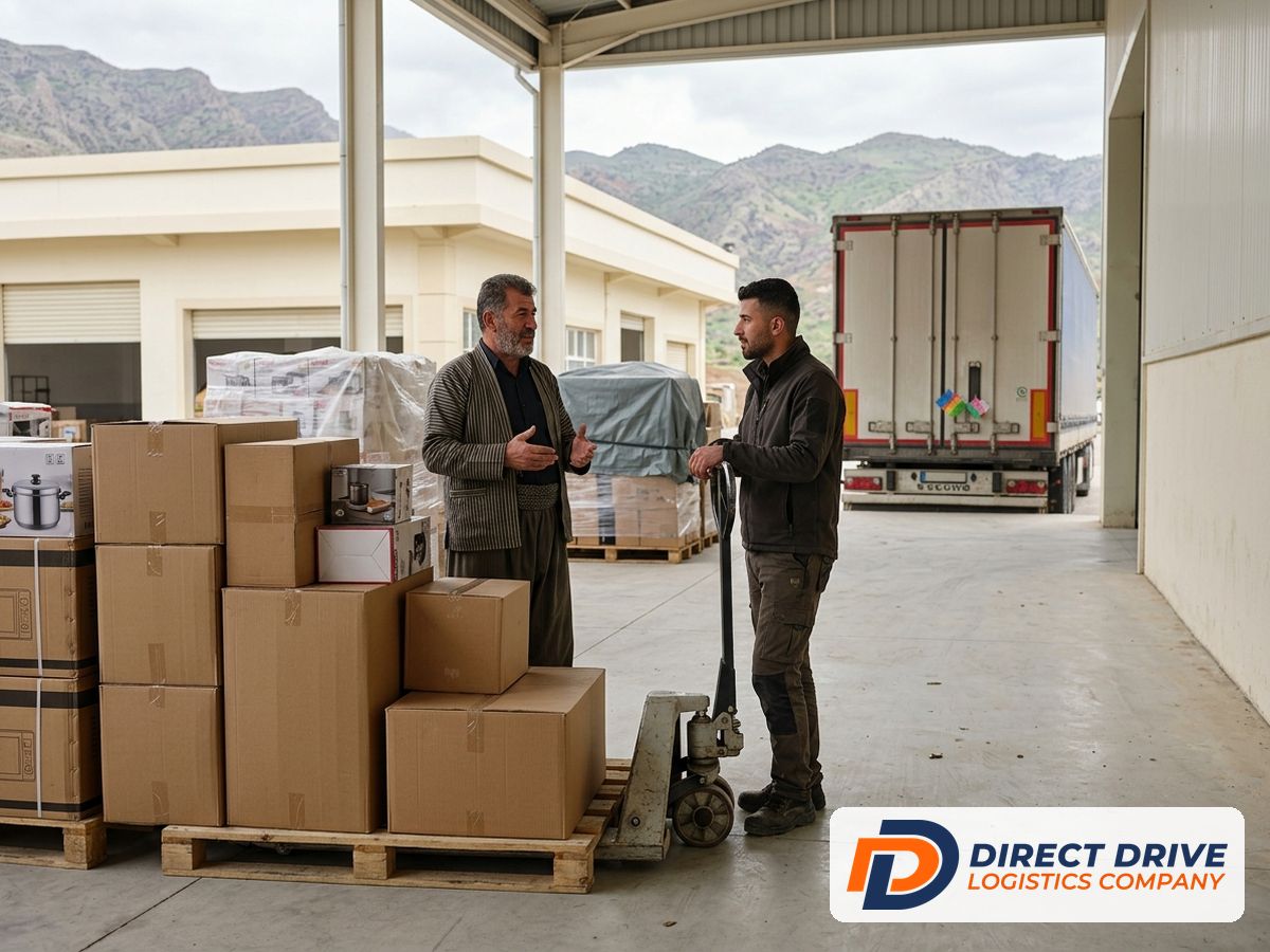A trader and a driver talk beside stacked boxed goods in a covered bay