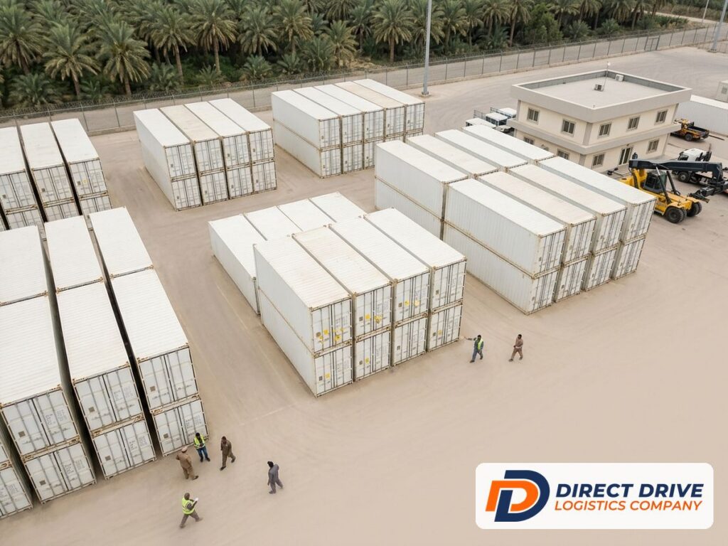 Aerial view of a tidy container depot with one separate block of held containers.