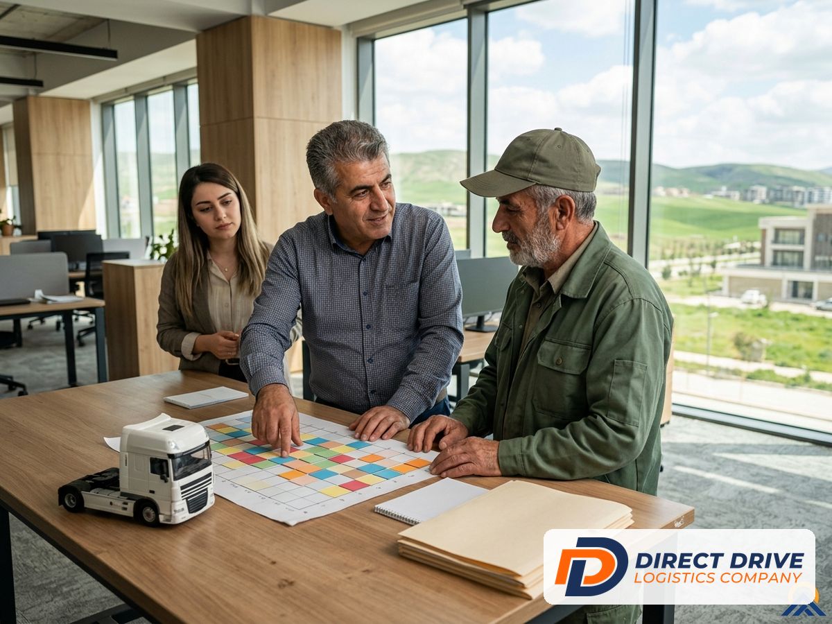 Planner and driver discussing routes at a table in a bright office