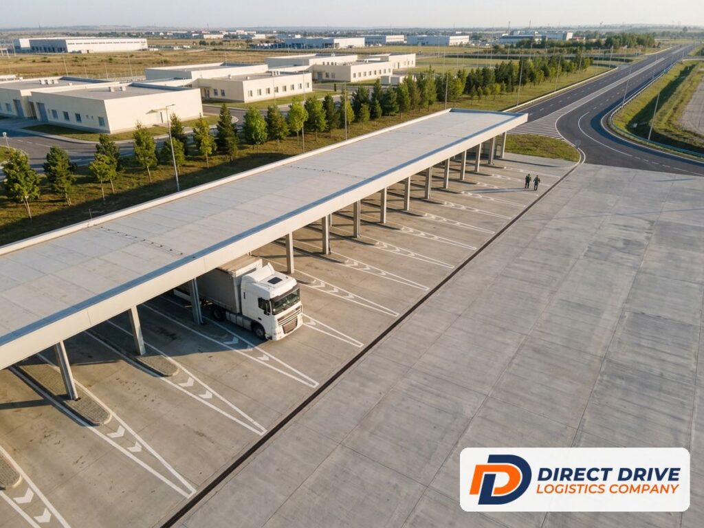 Aerial view of a covered customs inspection canopy at a modern border facility in early light