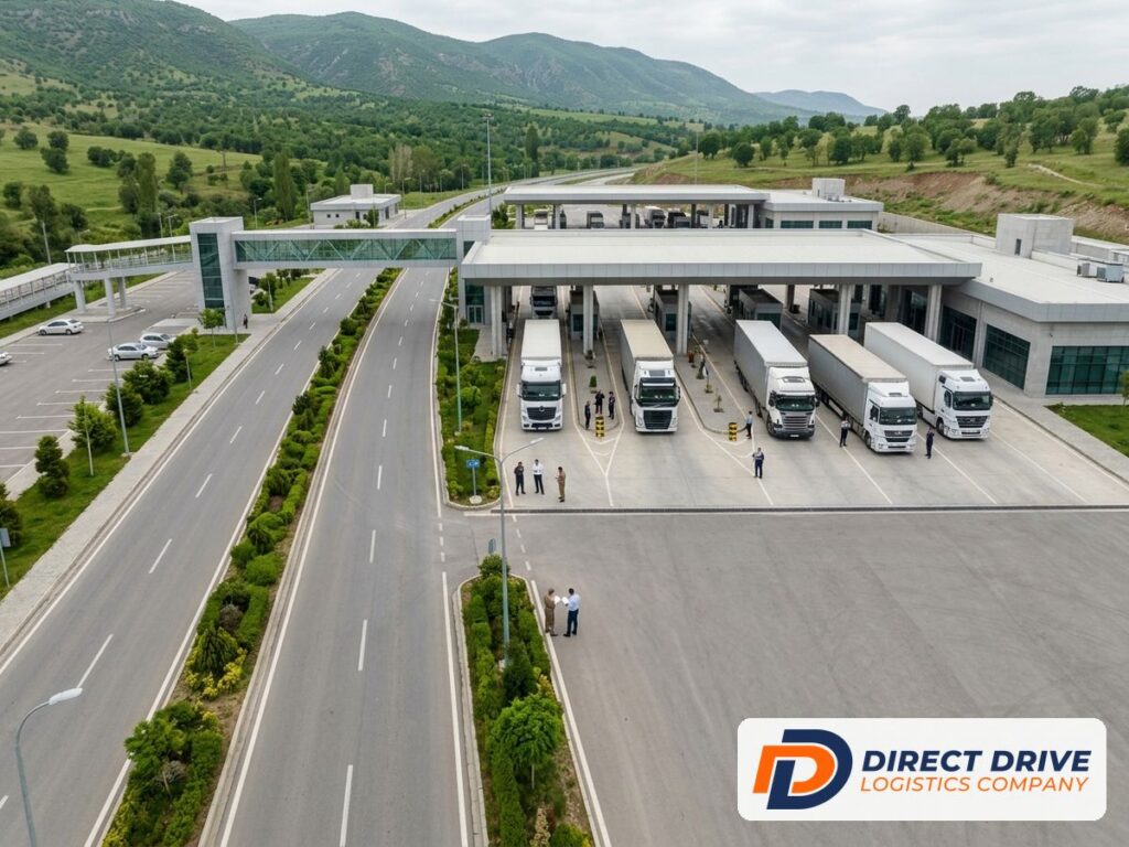 Aerial view of a modern customs terminal with covered lanes and green hills behind it