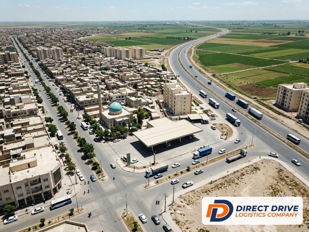 Aerial view of a modern cream-coloured city with a wide highway leaving through green fields