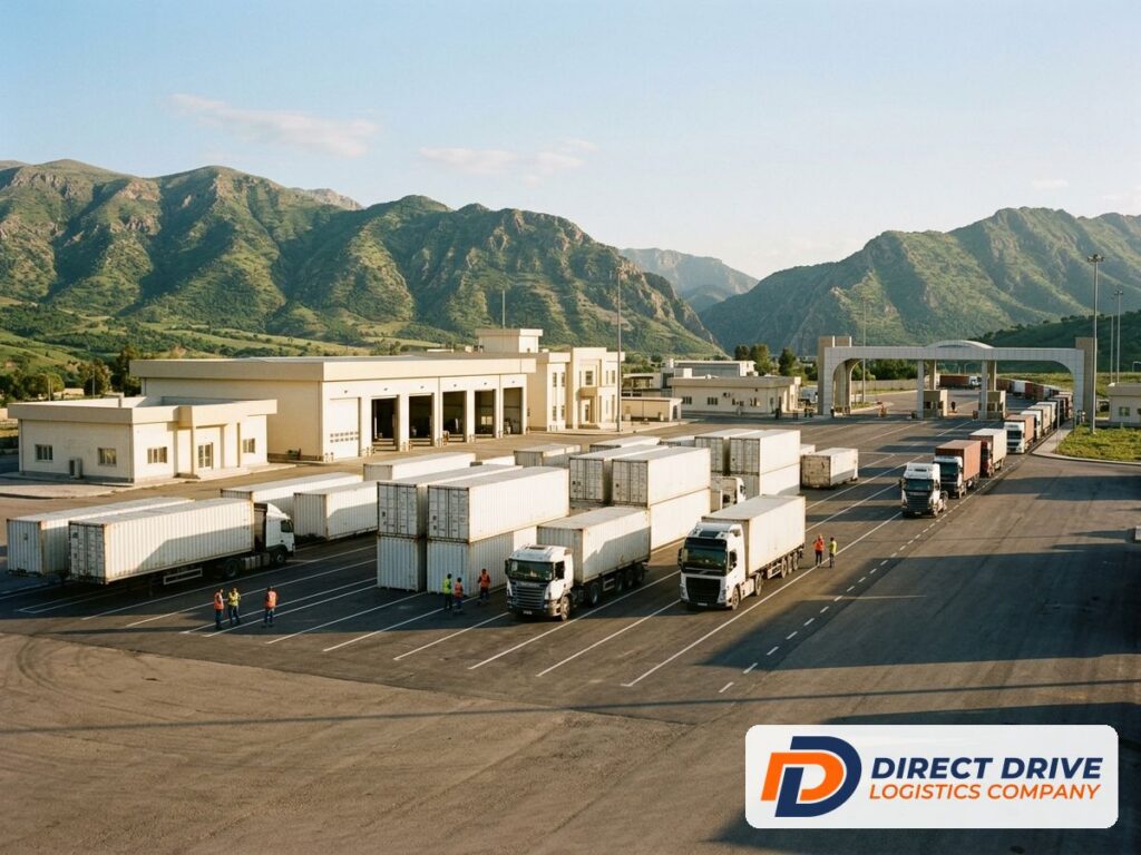 محوطه مدرن انتقال کانتینر کنار گذرگاه با ردیف کانتینرهای سفید و ساختمان‌های کرم‌رنگ