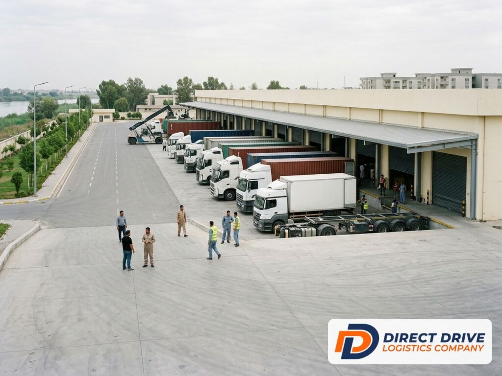 Wide view of a covered transhipment shed with trucks parked along a clean platform.