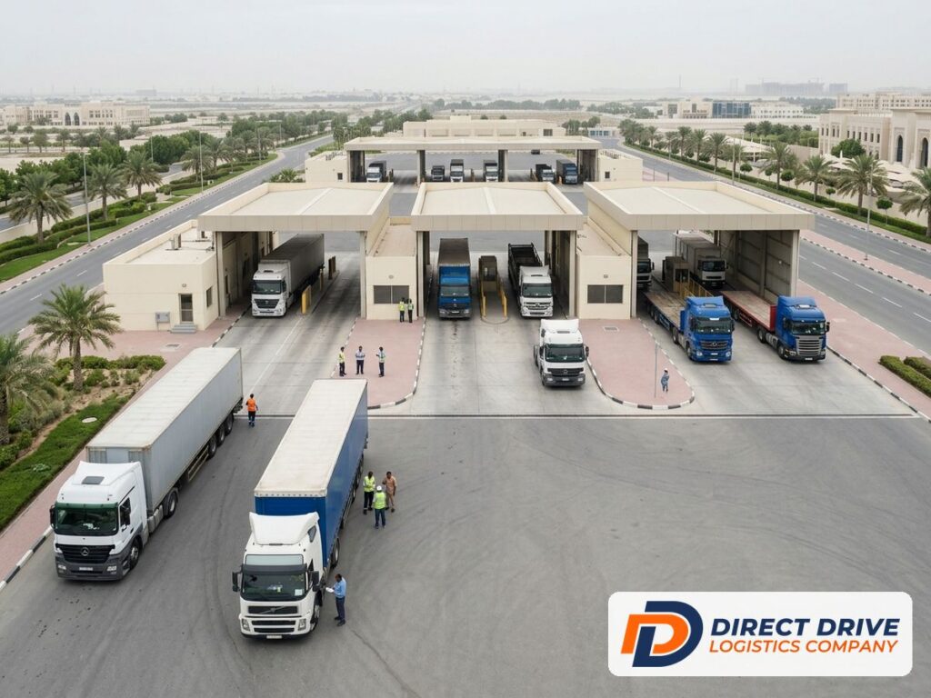 Wide view of a modern border freight terminal with covered lanes and cream buildings under soft daylight