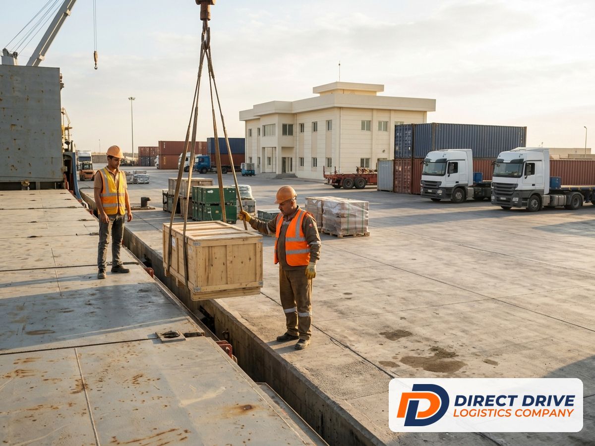 A port officer watches a crate hoisted aboard a ship at a bright quay