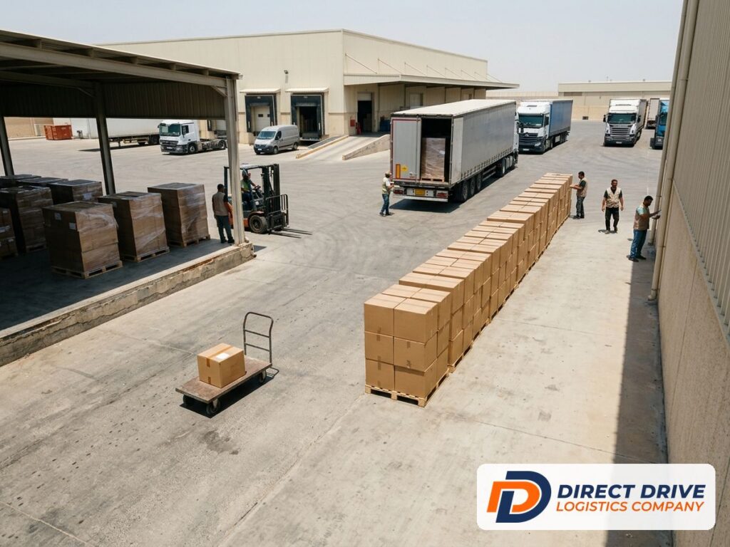 طرد واحد صغير بجانب صفوف من الكراتين المتطابقة على منصات في ساحة فرز