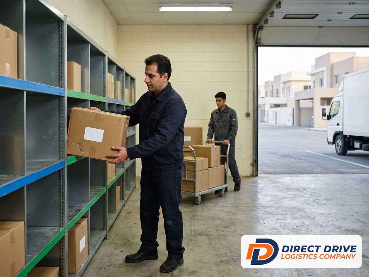 A warehouse worker places a carton on a shelf in a tidy stock room.