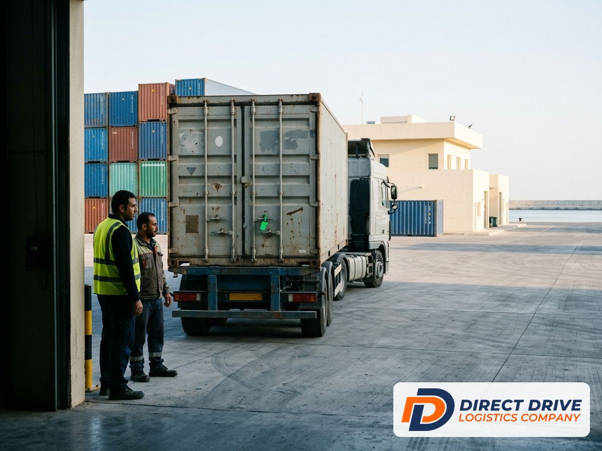 Port workers watch a container lowered onto a trailer at a quay