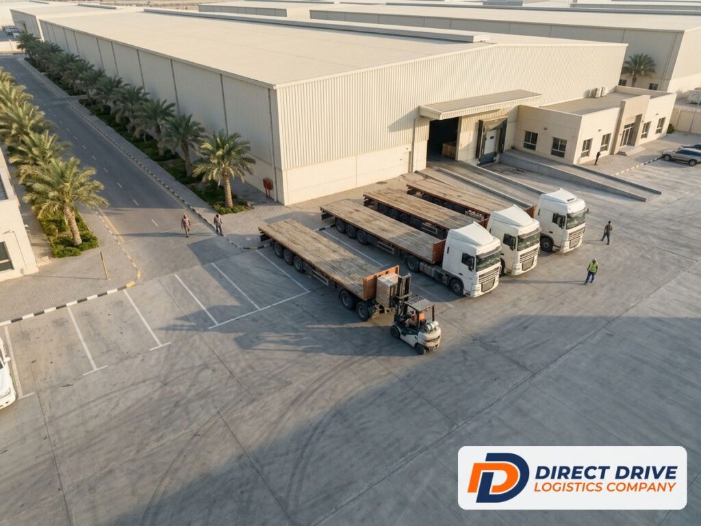 Aerial view of a modern distribution park with a forklift unloading a pallet beside a warehouse