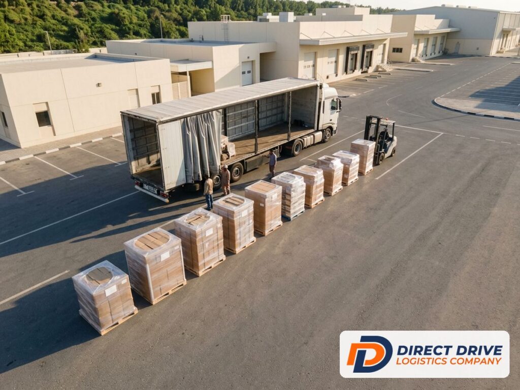 Aerial view of wrapped pallets lined up beside an open trailer in a warehouse yard